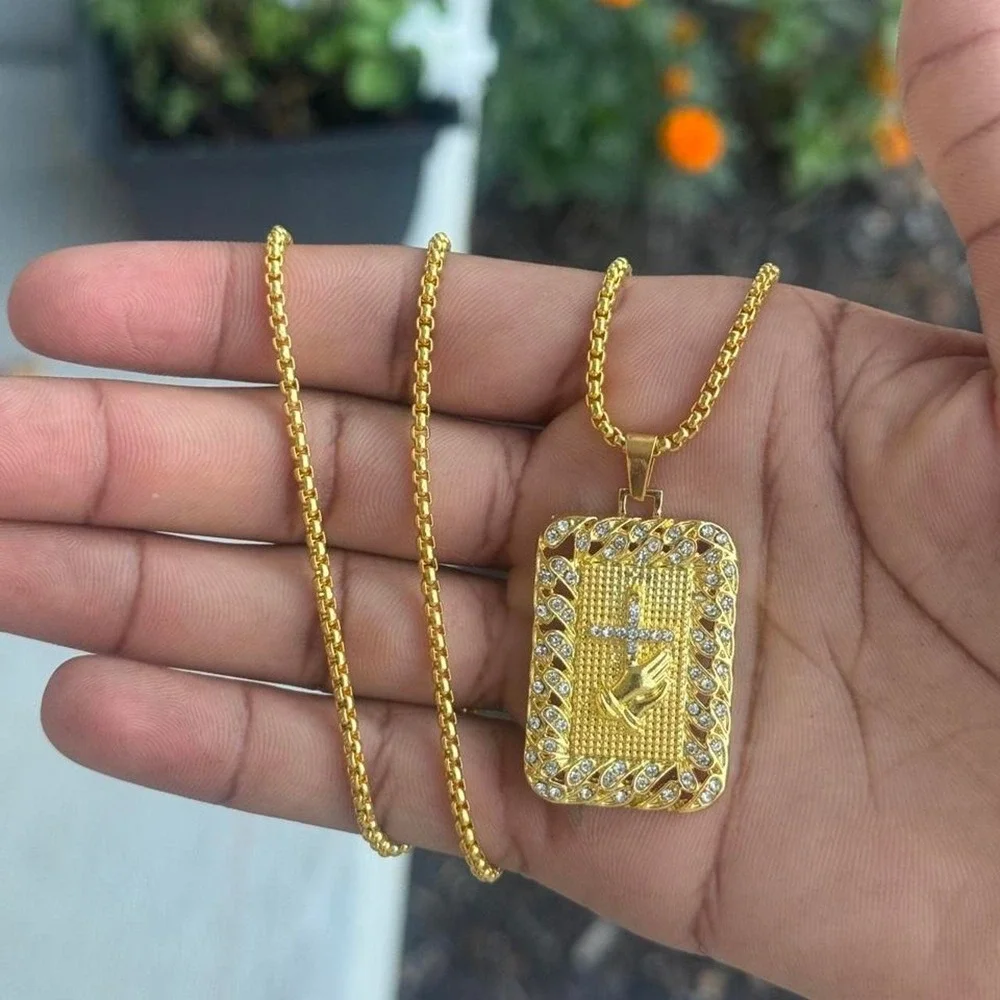 Gold Praying Hands Cross Rectangular Pendant Necklace Mens 24 Inch Chain